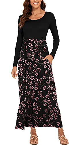 DEARCASE Damen Lange Ärmel Kleid Loose Freizeitkleid Maxi Sommerkleid Lässige Blumen Lange Strandkleid mit Taschen, Medium Gypsophila Black von DEARCASE