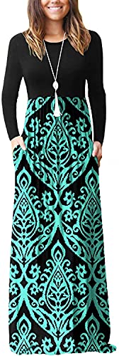 DEARCASE Damen Maxikleid, Damen lässig Winter langes Kleid, Damen Langarm Floral Print Maxi Kleid mit Taschen (Blau Grün, M) von DEARCASE