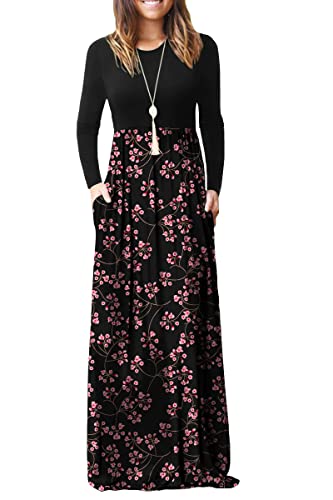 DEARCASE Damen Maxikleid, Damen lässig Winter langes Kleid, Damen Langarm Floral Print Maxi Kleid mit Taschen (Gypsophila Schwarz, M) von DEARCASE