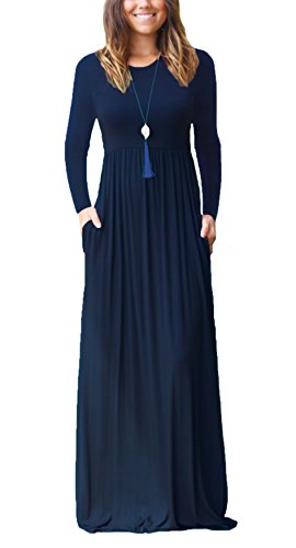 DEARCASE Damen Maxikleid, Damen lässig Winter langes Kleid, Damen Langarm Floral Print Maxi Kleid mit Taschen (Marineblau, L) von DEARCASE