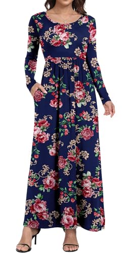 DEARCASE Damen Maxikleid, Damen lässig Winter langes Kleid, Damen Langarm Floral Print Maxi Kleid mit Taschen (Rose Marine, XL) von DEARCASE