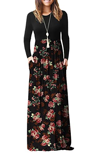 DEARCASE Damen Maxikleid, Damen lässig Winter langes Kleid, Damen Langarm Floral Print Maxi Kleid mit Taschen (Rose Schwarz, L) von DEARCASE