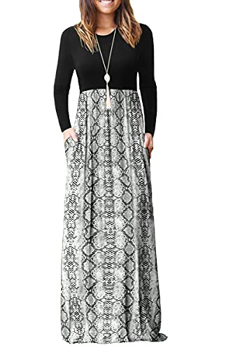 DEARCASE Damen Maxikleid, Damen lässig Winter langes Kleid, Damen Langarm Floral Print Maxi Kleid mit Taschen (Schlange, XXL) von DEARCASE