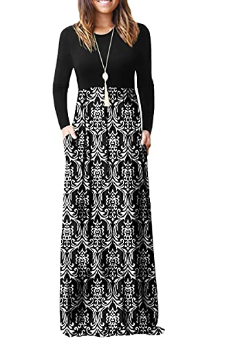 DEARCASE Damen Maxikleid, Damen lässig Winter langes Kleid, Damen Langarm Floral Print Maxi Kleid mit Taschen (Schwarz Weiß, L) von DEARCASE