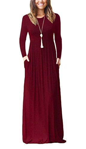 DEARCASE Damen Maxikleid, Damen lässig Winter langes Kleid, Damen Langarm Floral Print Maxi Kleid mit Taschen (Weinrot, XXL) von DEARCASE