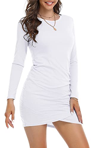 DEARCASE Damen Bodycon Kleid Kurz Enges Wickelkleid Lange Ärmel Freizeitkleider für Damen Mini T Shirt Kleid (Weiß, L) von DEARCASE