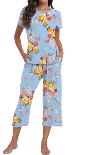 DEARCASE Damen Pyjama Sets Floral Print Kurzarm Rundhals Nachtwäsche Top und Hosen 2-teilige Lounge Wear Sets mit Taschen, Large Floret Blue von DEARCASE