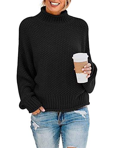 DEARCASE Damen Rollkragen Batwing Langarm Lockerer Oversize-Pullover Gestrickter Grobstrickpullover Oberteile für den Winter, Large Black von DEARCASE