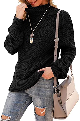 DEARCASE Damen Rollkragen Batwing Langarm Lockerer Oversize-Pullover Gestrickter Grobstrickpullover Oberteile für den Winter, Large Black von DEARCASE