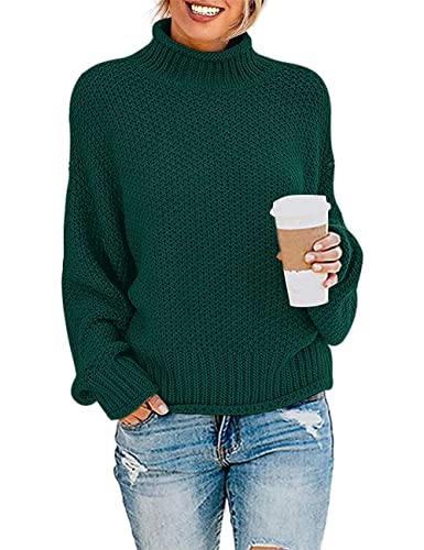 DEARCASE Damen Rollkragen Batwing Langarm Lockerer Oversize-Pullover Gestrickter Grobstrickpullover Oberteile für den Winter, Large Dark Green von DEARCASE