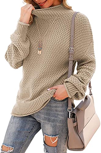 DEARCASE Damen Rollkragen Batwing Langarm Lockerer Oversize-Pullover Gestrickter Grobstrickpullover Oberteile für den Winter, Large Khaki von DEARCASE