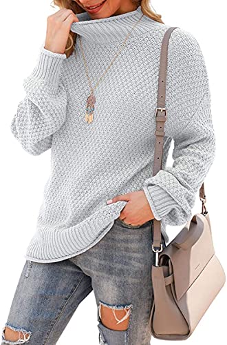 DEARCASE Damen Rollkragen Batwing Langarm Lockerer Oversize-Pullover Gestrickter Grobstrickpullover Oberteile für den Winter, Large Light Gray von DEARCASE