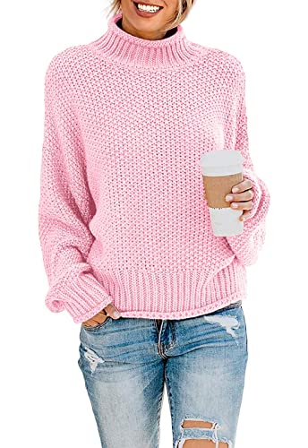 DEARCASE Damen Rollkragen Batwing Langarm Lockerer Oversize-Pullover Gestrickter Grobstrickpullover Oberteile für den Winter, Large Pink von DEARCASE