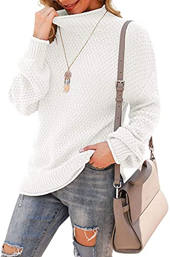 DEARCASE Damen Rollkragen Batwing Langarm Lockerer Oversize-Pullover Gestrickter Grobstrickpullover Oberteile für den Winter, Large White von DEARCASE