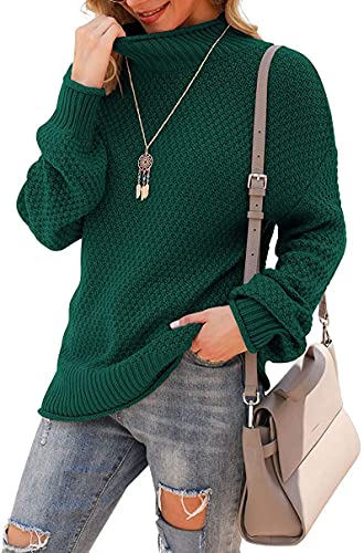 DEARCASE Damen Rollkragen Batwing Langarm Lockerer Oversize-Pullover Gestrickter Grobstrickpullover Oberteile für den Winter, Medium Dark Green von DEARCASE