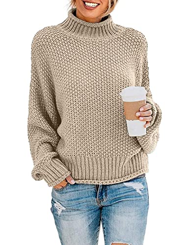 DEARCASE Damen Rollkragen Batwing Langarm Lockerer Oversize-Pullover Gestrickter Grobstrickpullover Oberteile für den Winter, Medium Khaki von DEARCASE