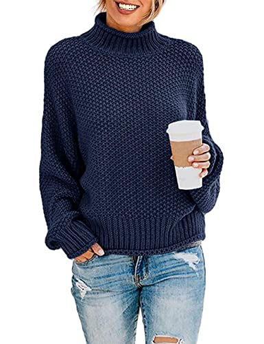 DEARCASE Damen Rollkragen Batwing Langarm Lockerer Oversize-Pullover Gestrickter Grobstrickpullover Oberteile für den Winter, Medium Navy Blue von DEARCASE