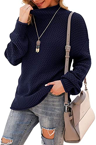DEARCASE Damen Rollkragen Batwing Langarm Lockerer Oversize-Pullover Gestrickter Grobstrickpullover Oberteile für den Winter, Medium Navy Blue von DEARCASE