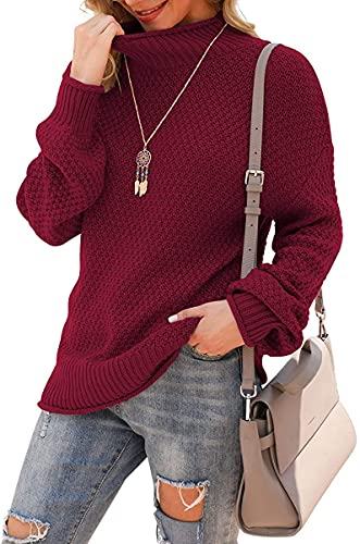 DEARCASE Damen Rollkragen Batwing Langarm Lockerer Oversize-Pullover Gestrickter Grobstrickpullover Oberteile für den Winter, Medium Wine Red von DEARCASE