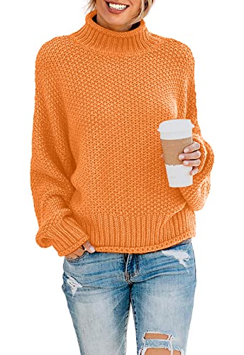 DEARCASE Damen Rollkragen Batwing Langarm Lockerer Oversize-Pullover Gestrickter Grobstrickpullover Oberteile für den Winter, Small Orange von DEARCASE