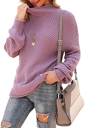 DEARCASE Damen Rollkragen Batwing Langarm Lockerer Oversize-Pullover Gestrickter Grobstrickpullover Oberteile für den Winter, Small Purple von DEARCASE