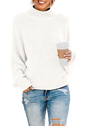 DEARCASE Damen Rollkragen Batwing Langarm Lockerer Oversize-Pullover Gestrickter Grobstrickpullover Oberteile für den Winter, Small White von DEARCASE