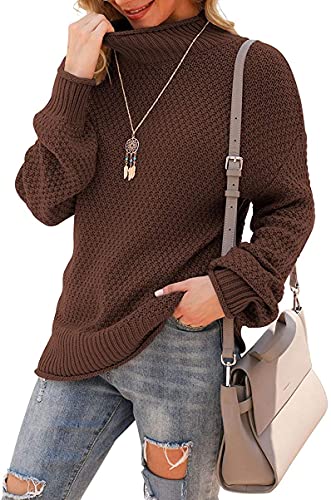 DEARCASE Damen Rollkragen Batwing Langarm Lockerer Oversize-Pullover Gestrickter Grobstrickpullover Oberteile für den Winter, X-Large Brown von DEARCASE