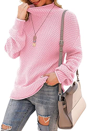 DEARCASE Damen Rollkragen Batwing Langarm Lockerer Oversize-Pullover Gestrickter Grobstrickpullover Oberteile für den Winter, X-Large Pink von DEARCASE