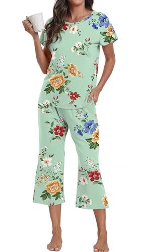 DEARCASE Damen Schlafanzüge Pyjama Sets Floral Print Kurzarm Rundhals Nachtwäsche Top und Hosen 2-teilige Lounge Wear Sets mit Taschen, Medium Green Orange Flower DEARCASE Damen Schlafanzüge Pyjama Sets Floral Print Kurzarm Rundhals Nachtwäsche Top und Hosen 2-teilige Lounge Wear Sets mit Taschen, Medium Green Orange Flower von DEARCASE