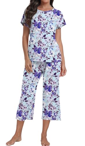 DEARCASE Damen Schlafanzüge Pyjama Sets Floral Print Kurzarm Rundhals Nachtwäsche Top und Hosen 2-teilige Lounge Wear Sets mit Taschen, X-Large Blue Purple Flower DEARCASE Damen Schlafanzüge Pyjama Sets Floral Print Kurzarm Rundhals Nachtwäsche Top und Hosen 2-teilige Lounge Wear Sets mit Taschen, X-Large Blue Purple Flower von DEARCASE