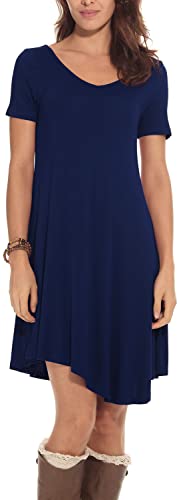 DEARCASE Damen Sommer Casual Kurzarm V-Ausschnitt T-Shirt Kleid Swing Kleider Knielang Elegant Sommerkleid Strandkleid (Marineblau, M) von DEARCASE