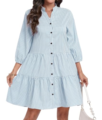 DEARCASE Damen Sommer Hemd Kleider Casual V-Ausschnitt Button Down 3/4 Ärmel Plaid Lose Flowy Mini Kleid, Large Light Blue von DEARCASE