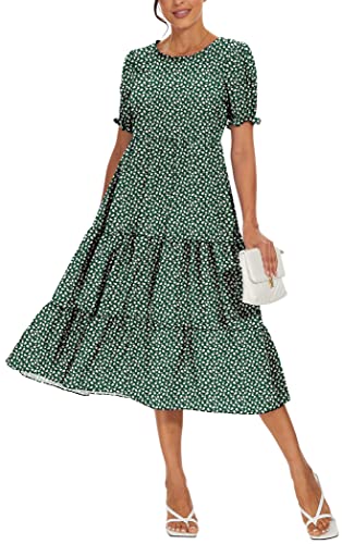 DEARCASE Damen Sommer Lässiges Maxi Boho Kleid Floraldruck Rüschen Puff Ärmel Hohe Taille Bescheidene Lange Kleider, Large Polka Dot Green von DEARCASE