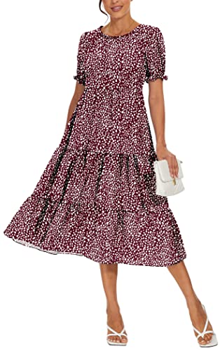 DEARCASE Damen Sommer Lässiges Maxi Boho Kleid Floraldruck Rüschen Puff Ärmel Hohe Taille Bescheidene Lange Kleider, Large Polka Dot Red von DEARCASE