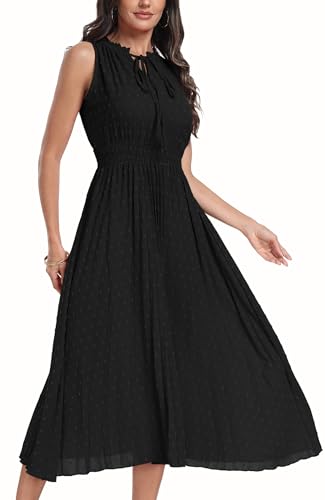 DEARCASE Damen Sommer Maxi Kleid Casual Rundhalsausschnitt Rüschen Saum Ärmellos Elastische hohe Taille A Linie Einfarbige Kleider, Medium Black von DEARCASE