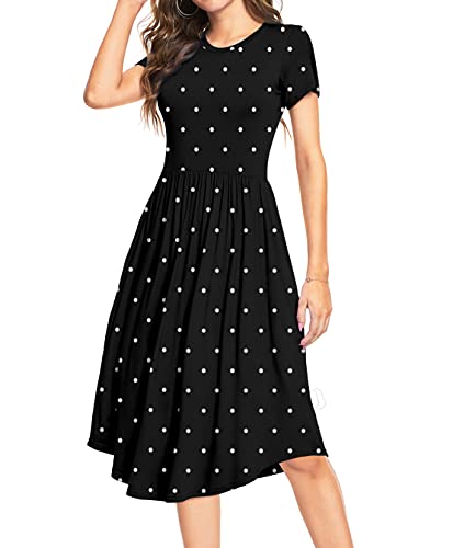 DEARCASE Damen Sommer Polka Dot Lässige Midi Tunika Kurzarm Schlichtes Kleid Plissee Lose Fließende Blumen Damen Kleid mit Tasche von DEARCASE