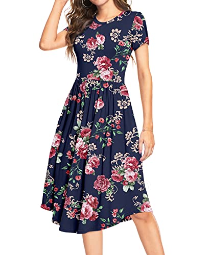 DEARCASE Damen Sommer Polka Dot Lässige Midi Tunika Kurzarm Schlichtes Kleid Plissee Lose Fließende Blumen Damen Kleid mit Tasche von DEARCASE