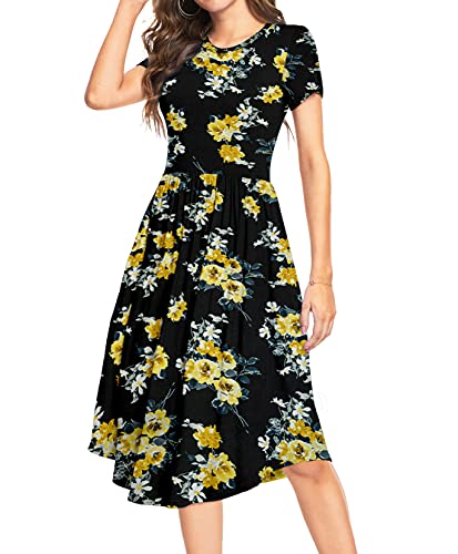 DEARCASE Damen Sommer Polka Dot Lässige Midi Tunika Kurzarm Schlichtes Kleid Plissee Lose Fließende Blumen Damen Kleid mit Tasche von DEARCASE