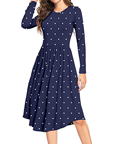 DEARCASE Damen Sommer Polka Dot Lässige Midi Tunika Lange Ärmel Schlichtes Kleid Plissee Lose Fließende Blumen Damen Kleid mit Tasche von DEARCASE