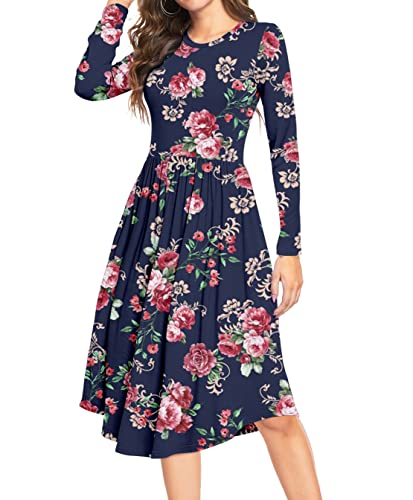 DEARCASE Damen Sommer Polka Dot Lässige Midi Tunika Lange Ärmel Schlichtes Kleid Plissee Lose Fließende Blumen Damen Kleid mit Tasche von DEARCASE