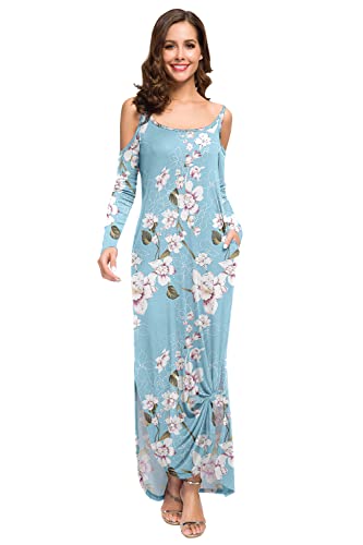 DEARCASE Damen Sommerkleid Casual Langes Kleid Blumen Schulterfrei Lange Ärmel Kleid Elegantes Maxi Maxikleid mit Taschen von DEARCASE