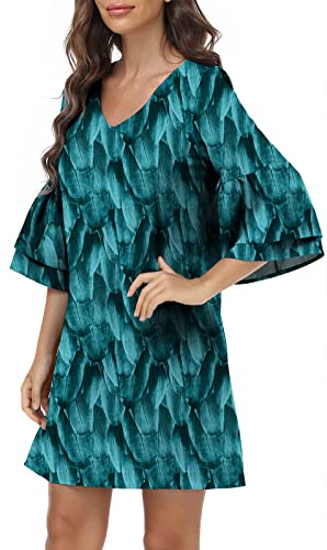 DEARCASE Damen Sommerkleid Leichtes Chiffon Kleid Süß mit V-Ausschnitt Kurzarm Glockenärmel Shift Mini Kleid, 2X-Large Green Leaf von DEARCASE