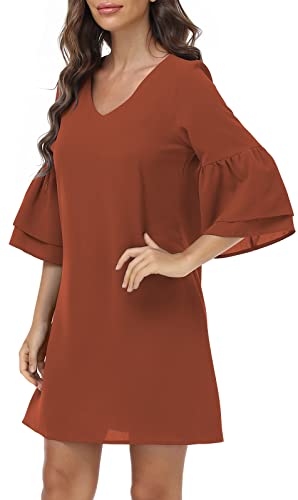 DEARCASE Damen Sommerkleid Leichtes Chiffon Kleid Süß mit V-Ausschnitt Kurzarm Glockenärmel Shift Mini Kleid, Large Caramel von DEARCASE