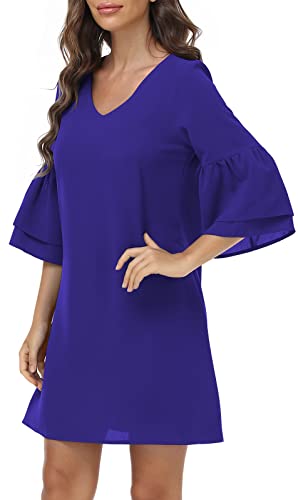 DEARCASE Damen Sommerkleid Leichtes Chiffon Kleid Süß mit V-Ausschnitt Kurzarm Glockenärmel Shift Mini Kleid, Large Royal Blue von DEARCASE