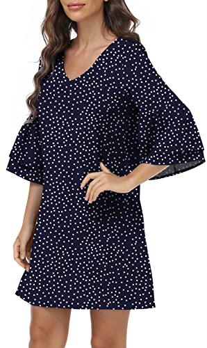 DEARCASE Damen Sommerkleid Leichtes Chiffon Kleid Süß mit V-Ausschnitt Kurzarm Glockenärmel Shift Mini Kleid, X-Large Dot Navy von DEARCASE