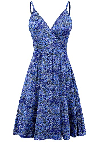 DEARCASE Damen V-Ausschnitt Blumenmuster Spaghettiträger Sommerkleid Ärmellos Casual Swing Midi Sundress mit Taschen, 2X-Large Cashew Cyan-Blue von DEARCASE