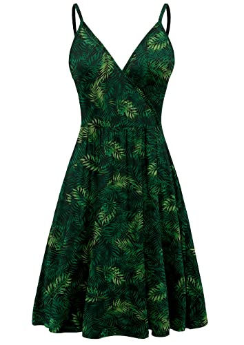 DEARCASE Damen V-Ausschnitt Blumenmuster Spaghettiträger Sommerkleid Ärmellos Casual Swing Midi Sundress mit Taschen, 2X-Large Green Leaf Black von DEARCASE