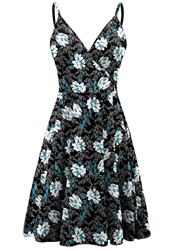 DEARCASE Damen V-Ausschnitt Blumenmuster Spaghettiträger Sommerkleid Ärmellos Casual Swing Midi Sundress mit Taschen, 2X-Large White Lily von DEARCASE