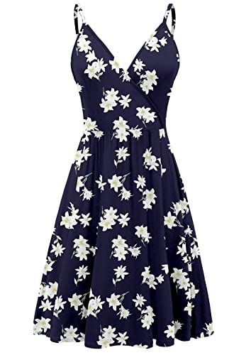 DEARCASE Damen V-Ausschnitt Blumenmuster Spaghettiträger Sommerkleid Ärmellos Casual Swing Midi Sundress mit Taschen, Small Navy Lily von DEARCASE