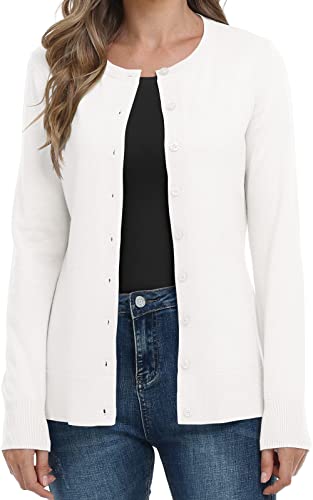 DEARCASE Damen Langarm Offene Front Gestrickte Cardigan Knopf Rundhalsausschnitt Pullover Leichte Einfarbige Pullover, Large White von DEARCASE